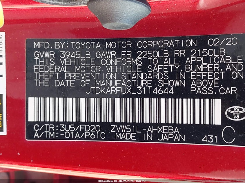 2020 TOYOTA PRIUS VIN: JTDKARFUXL3114644