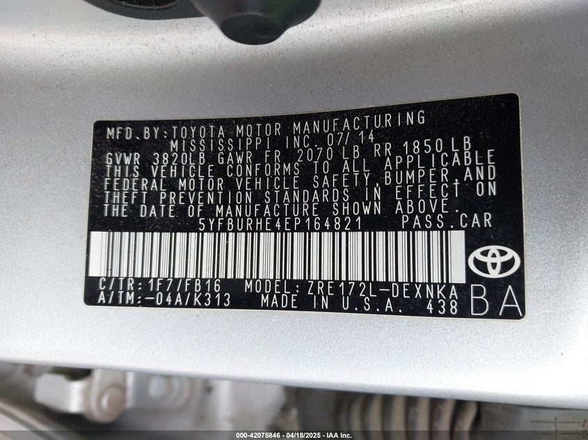 2014 TOYOTA COROLLA VIN: 5YFBURHE4EP164821