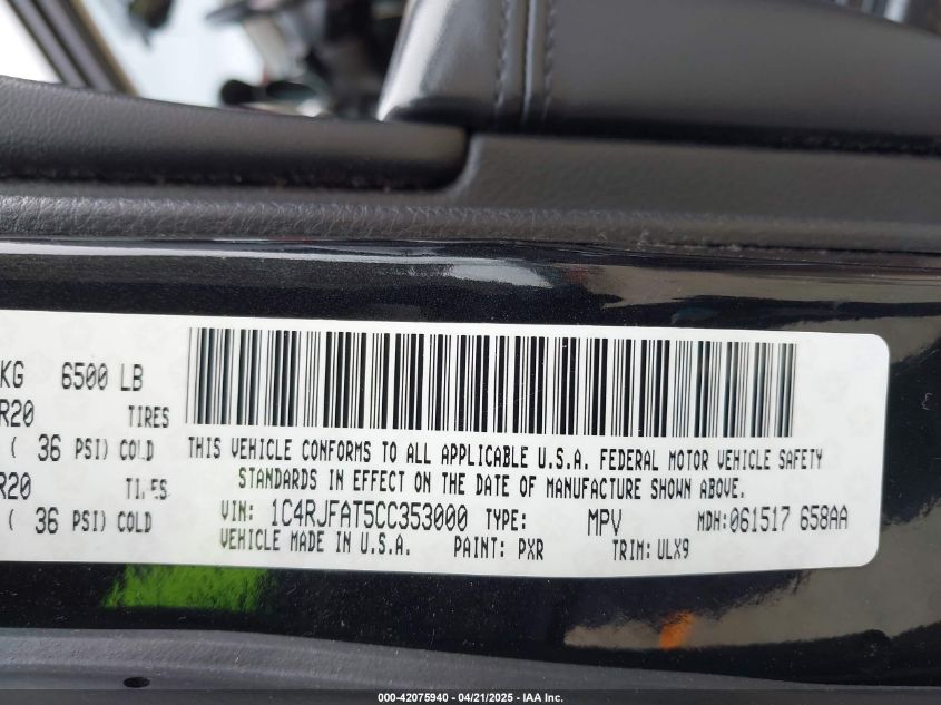 2012 Jeep Grand Cherokee Laredo VIN: 1C4RJFAT5CC353000 Lot: 42075940