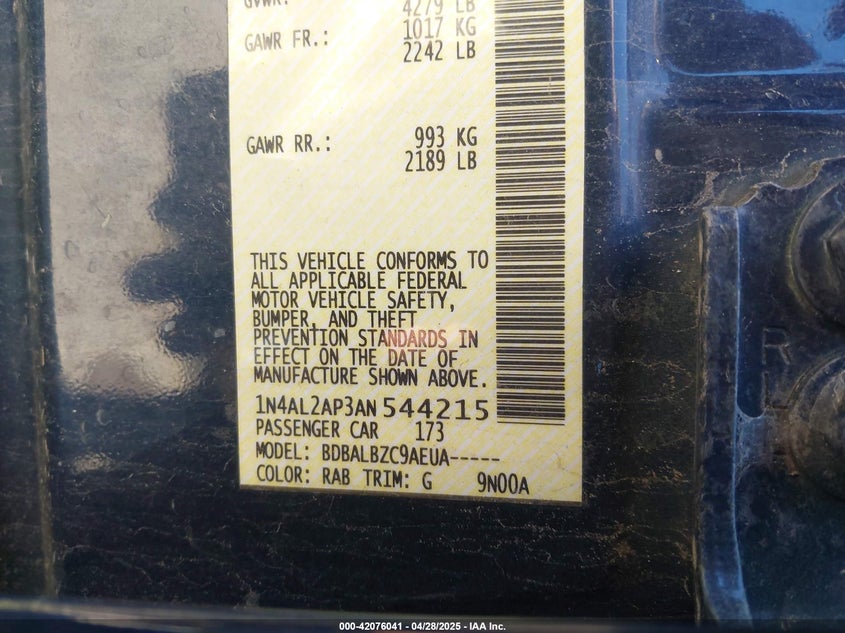 2010 NISSAN ALTIMA VIN: 1N4AL2AP3AN544215