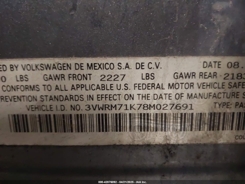 2008 VOLKSWAGEN JETTA VIN: 3VWRM71K78M027691