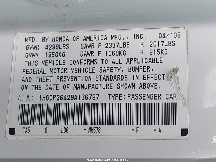 2009 HONDA ACCORD VIN: 1HGCP26429A136797