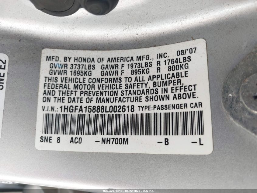 2008 Honda Civic Ex VIN: 1HGFA15888L002618 Lot: 42076219
