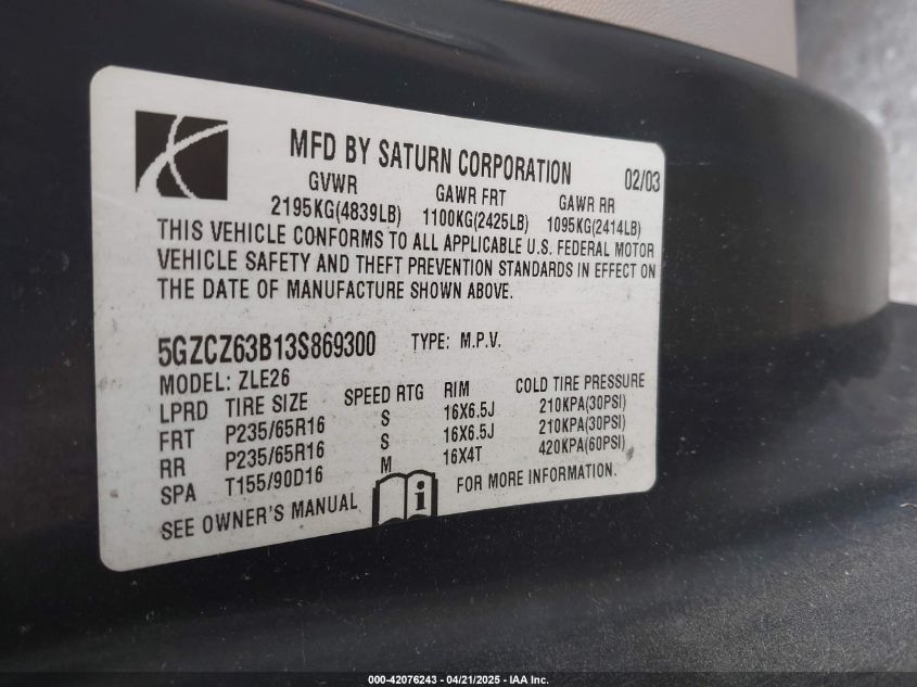 2003 Saturn Vue VIN: 5GZCZ63B13S86930 Lot: 42076243