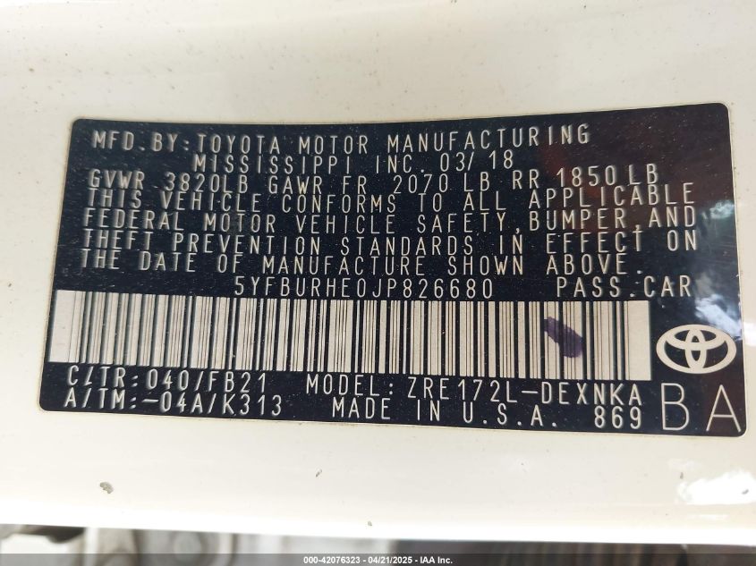 2018 Toyota Corolla Le VIN: 5YFBURHE0JP826680 Lot: 42076323