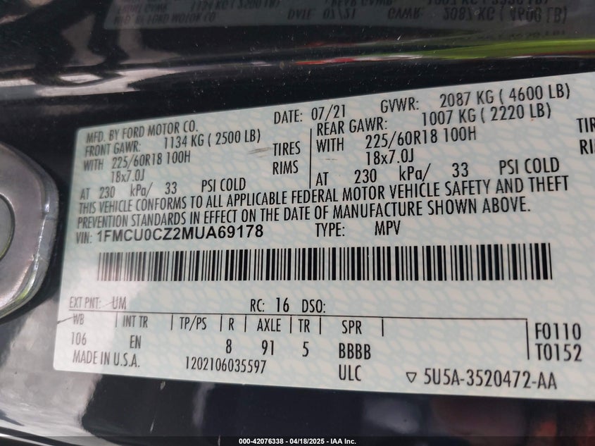 2021 FORD ESCAPE VIN: 1FMCU0CZ2MUA69178
