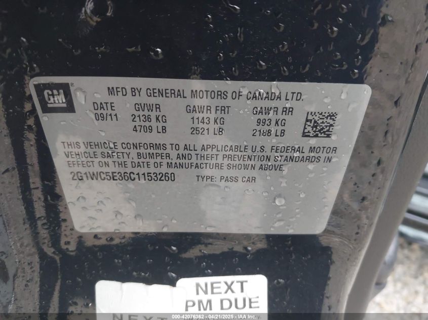 2012 Chevrolet Impala Ltz VIN: 2G1WC5E36C1153260 Lot: 42076362