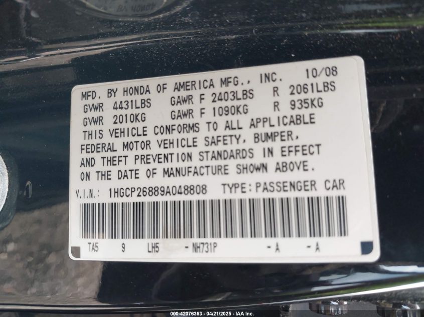 2009 Honda Accord 2.4 Ex-L VIN: 01HGCP26889A48808 Lot: 42076363