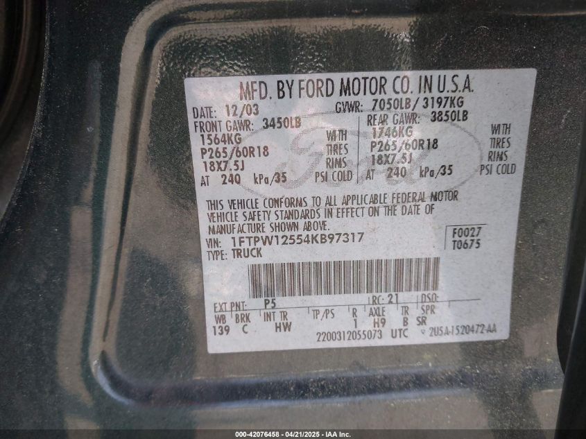 2004 Ford F-150 Lariat/Xlt VIN: 1FTPW12554KB97317 Lot: 42076458