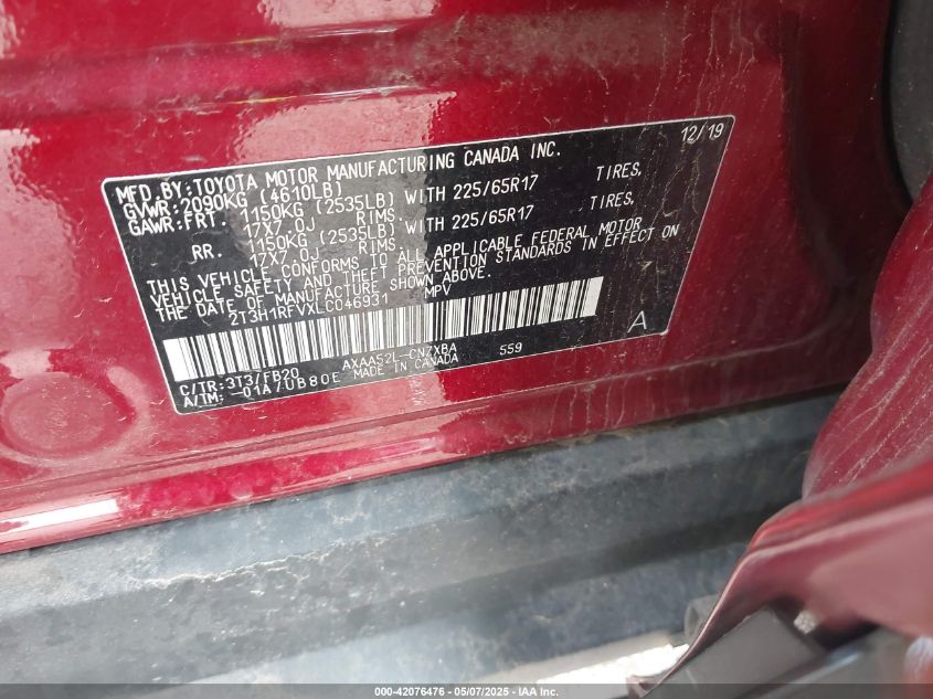 2020 Toyota Rav4 Le VIN: 2T3H1RFVXLC046931 Lot: 42076476