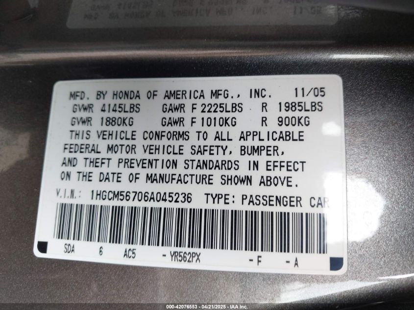 2006 Honda Accord 2.4 Ex VIN: 1HGCM56706A045236 Lot: 42076553