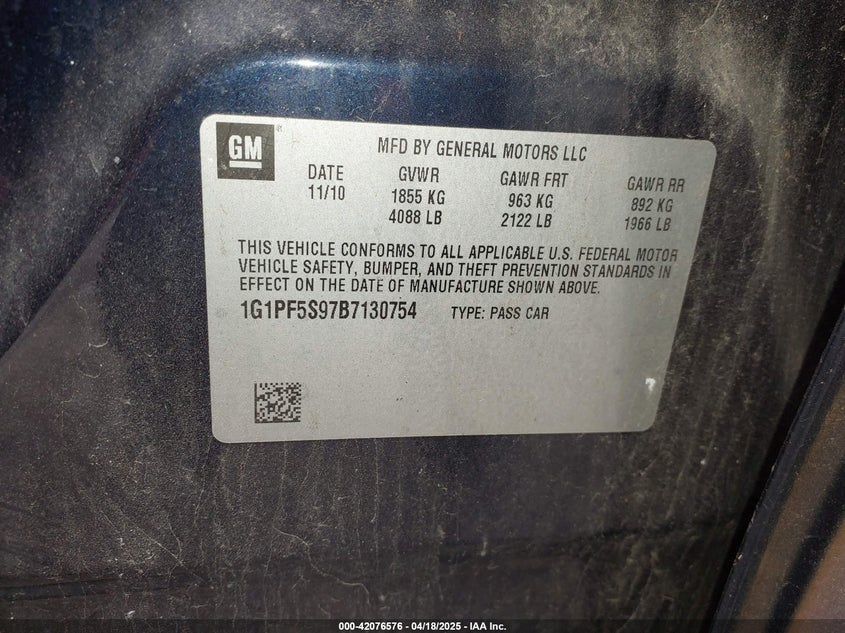 2011 CHEVROLET CRUZE VIN: 1G1PF5S97B7130754