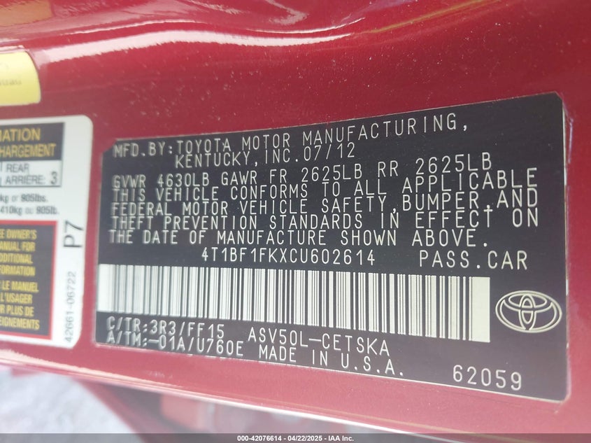 2012 TOYOTA CAMRY VIN: 4T1BF1FKXCU602614