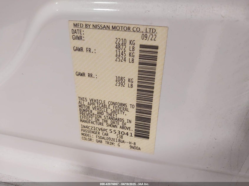 2023 NISSAN LEAF VIN: 1N4CZ1CV6PC553041