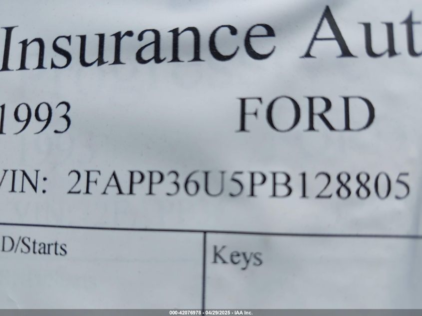 1993 Ford Tempo Gl VIN: 2FAPP36U5PB128805 Lot: 42076978