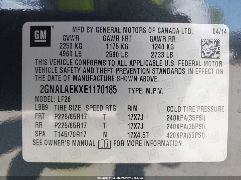 2014 CHEVROLET EQUINOX VIN: 2GNALAEKXE1170185