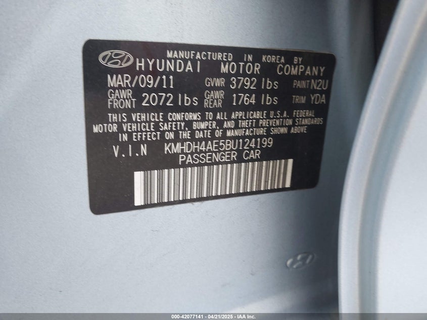 2011 HYUNDAI ELANTRA VIN: KMHDH4AE5BU124199