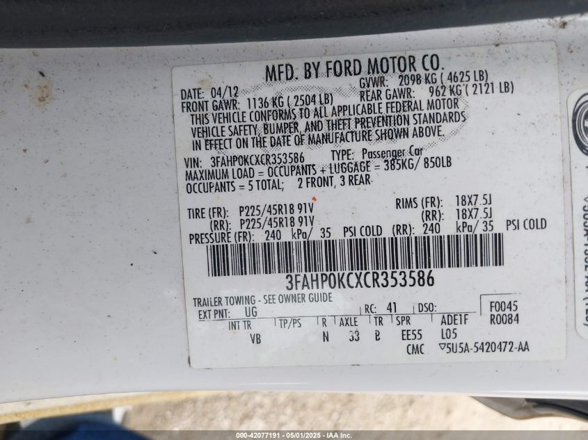 2012 Ford Fusion Sport VIN: 3FAHP0KCXCR353586 Lot: 42077191