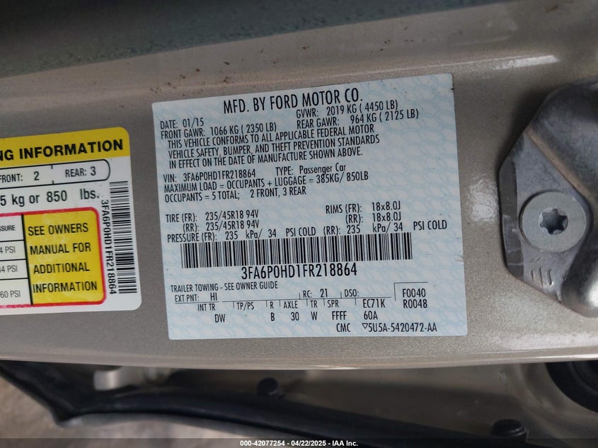 2015 FORD FUSION VIN: 3FA6P0HD1FR218864