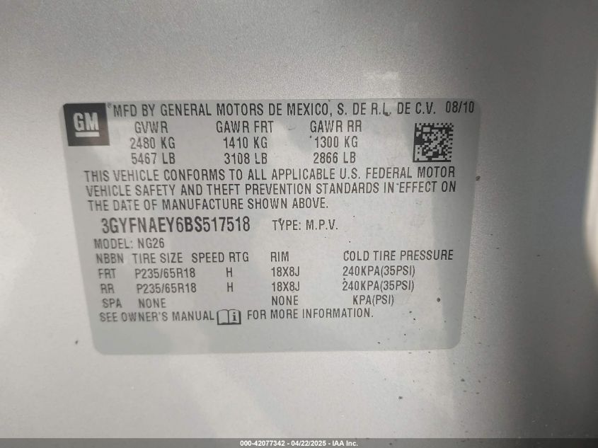 2011 Cadillac Srx Luxury Collection VIN: 3GYFNAEY6BS517518 Lot: 42077342