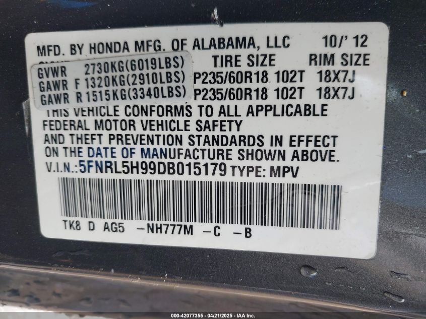 2013 Honda Odyssey Touring/Touring Elite VIN: 5FNRL5H99DB015179 Lot: 42077355