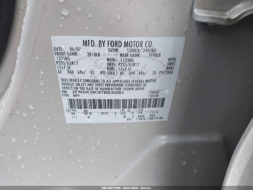 2007 Ford Edge Sel VIN: 2FMDK38C67BB30283 Lot: 42077360