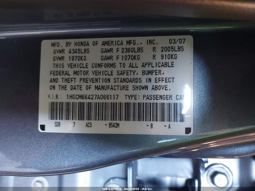 2007 HONDA ACCORD VIN: 1HGCM66427A066117