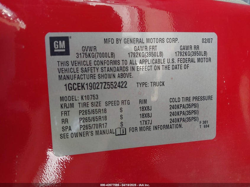 2007 CHEVROLET SILVERADO 1500 VIN: 1GCEK19027Z552422
