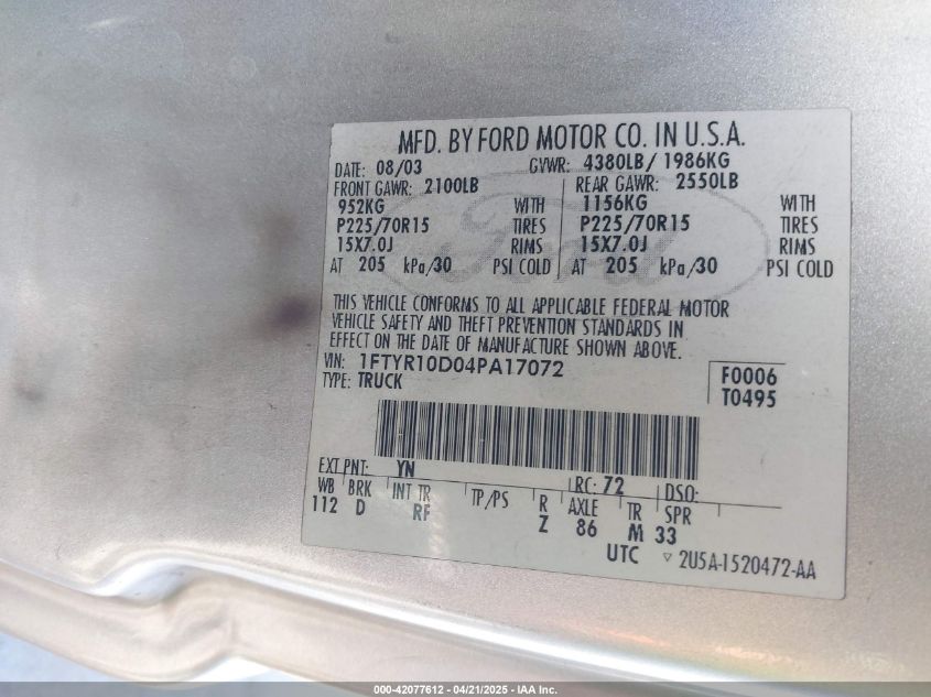 2004 Ford Ranger Xl/Xlt VIN: 1FTYR10D04PA17072 Lot: 42077612