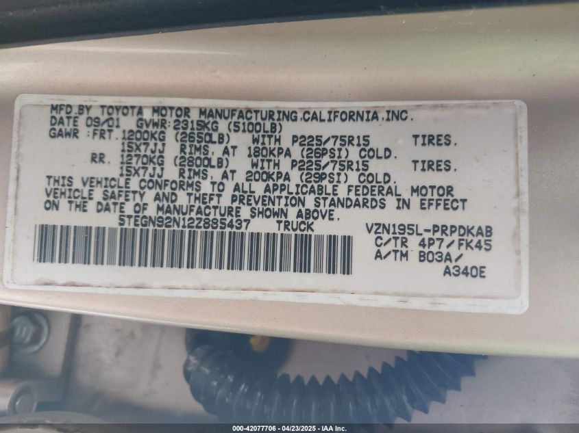 2002 Toyota Tacoma Prerunner V6 VIN: 5TEGN92N12Z885437 Lot: 42077706