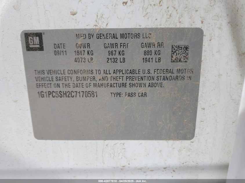 2012 Chevrolet Cruze Ls VIN: 1G1PC5SH2C7170581 Lot: 42077818