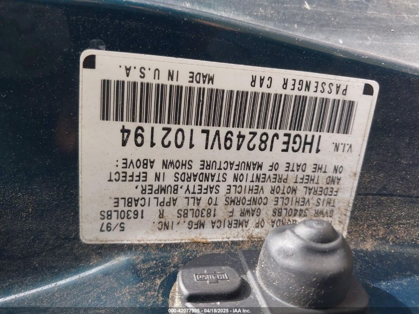 1997 Honda Civic Ex VIN: 1HGEJ8249VL102194 Lot: 42077905