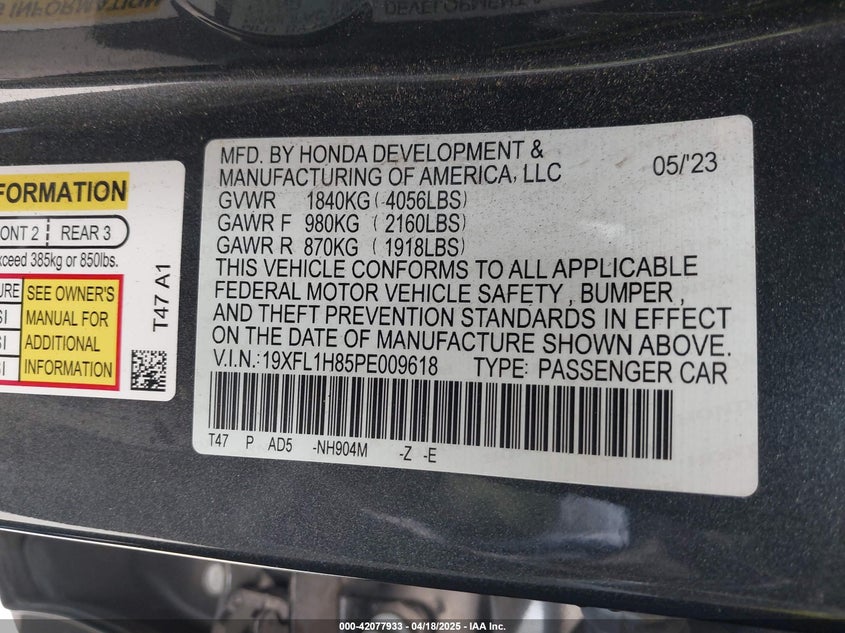 2023 HONDA CIVIC VIN: 19XFL1H85PE009618