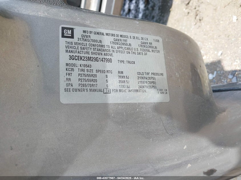 2009 CHEVROLET SILVERADO 1500 VIN: 3GCEK23M29G147990