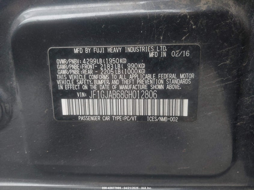 2016 SUBARU IMPREZA VIN: JF1GJAB68GH012806