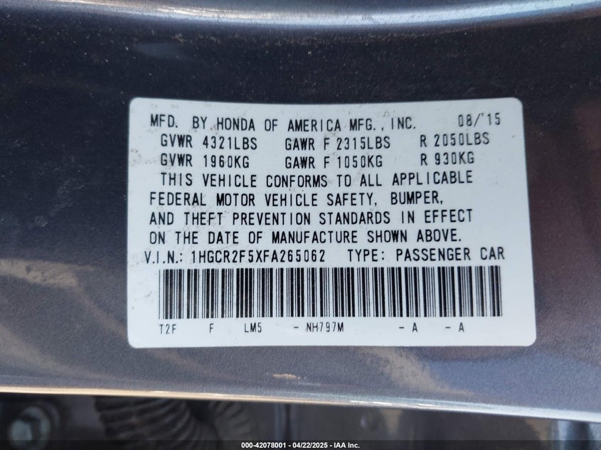 2015 HONDA ACCORD VIN: 1HGCR2F5XFA265062