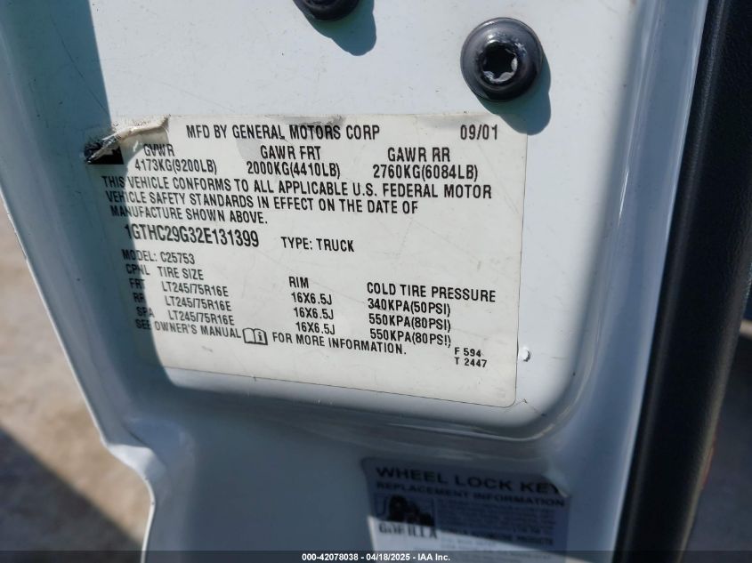 2002 GMC Sierra 2500Hd Sle VIN: 1GTHC29G32E131399 Lot: 42078038