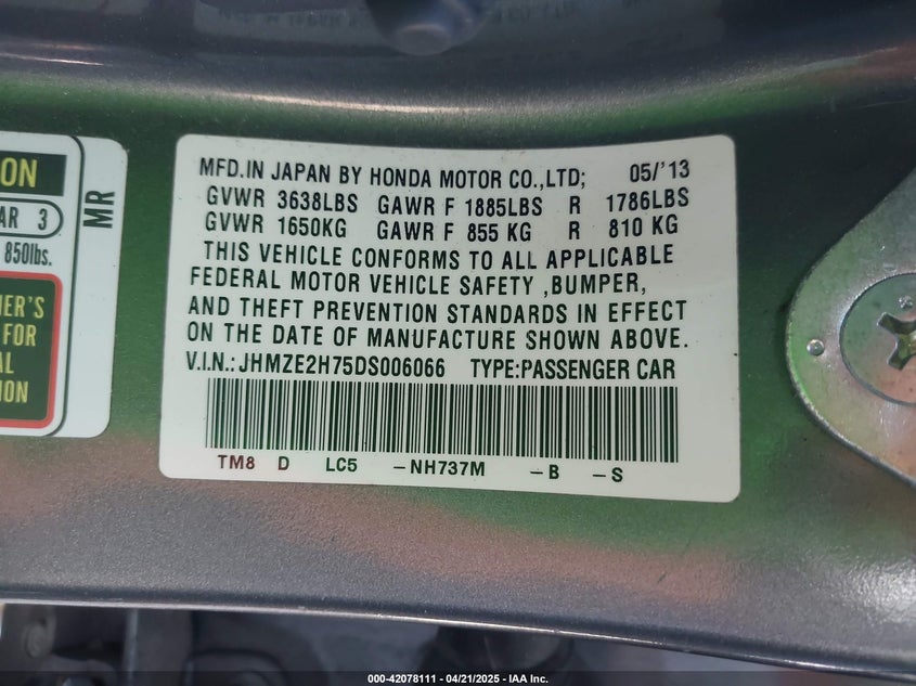 2013 HONDA INSIGHT VIN: JHMZE2H75DS006066