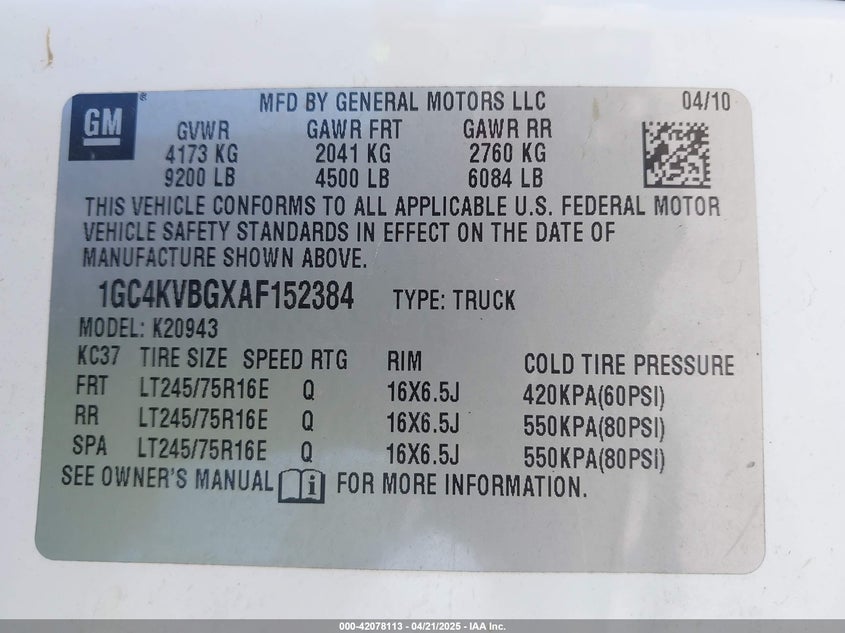 2010 CHEVROLET SILVERADO VIN: 1GC4KVBGXAF152384