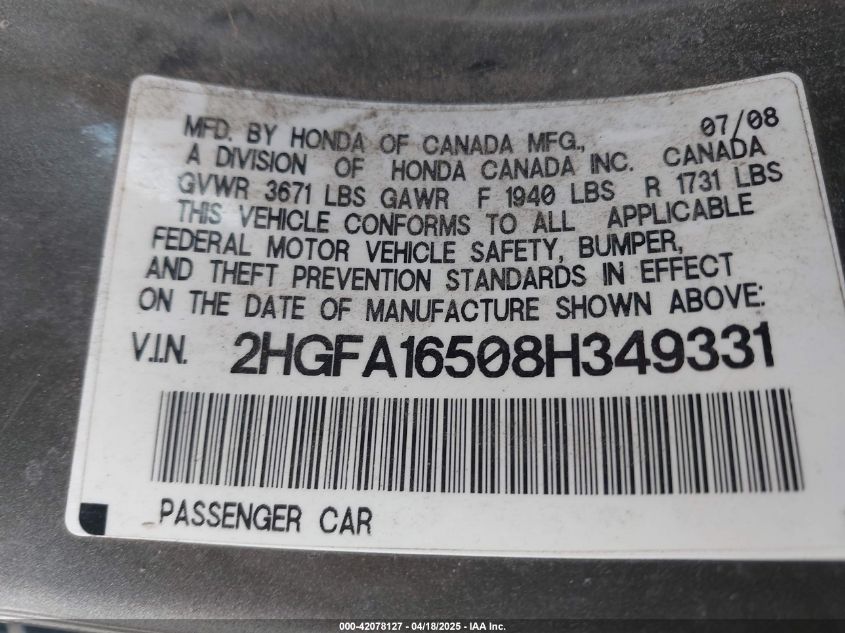 2008 Honda Civic Lx VIN: 2HGFA16508H349331 Lot: 42078127