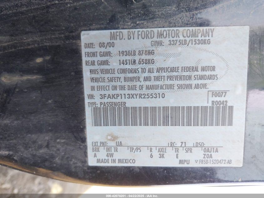 2000 Ford Escort Zx2 VIN: 3FAKP113XYR255310 Lot: 42078201