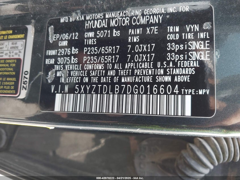 2013 HYUNDAI SANTA FE SPORT VIN: 5XYZTDLB7DG016604