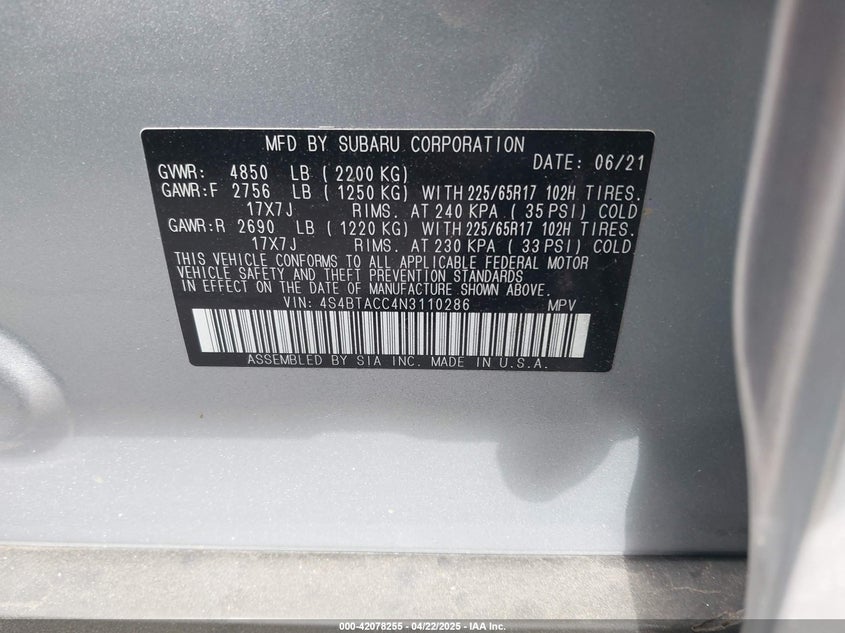 2022 SUBARU OUTBACK VIN: 4S4BTACC4N3110286