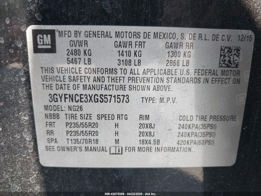 2016 Cadillac Srx Performance Collection VIN: 3GYFNCE3XGS571573 Lot: 42078306