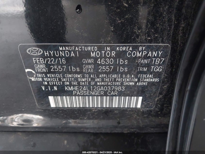 2016 HYUNDAI SONATA HYBRID VIN: KMHE24L12GA037983