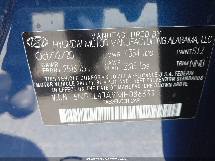 2021 HYUNDAI SONATA VIN: 5NPEL4JA9MH086333