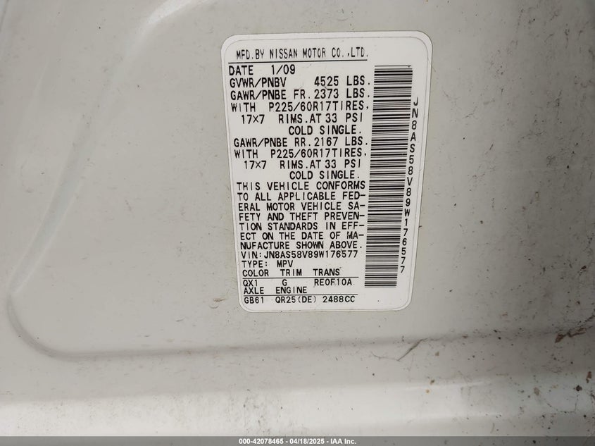 2009 NISSAN ROGUE VIN: JN8AS58V89W176577