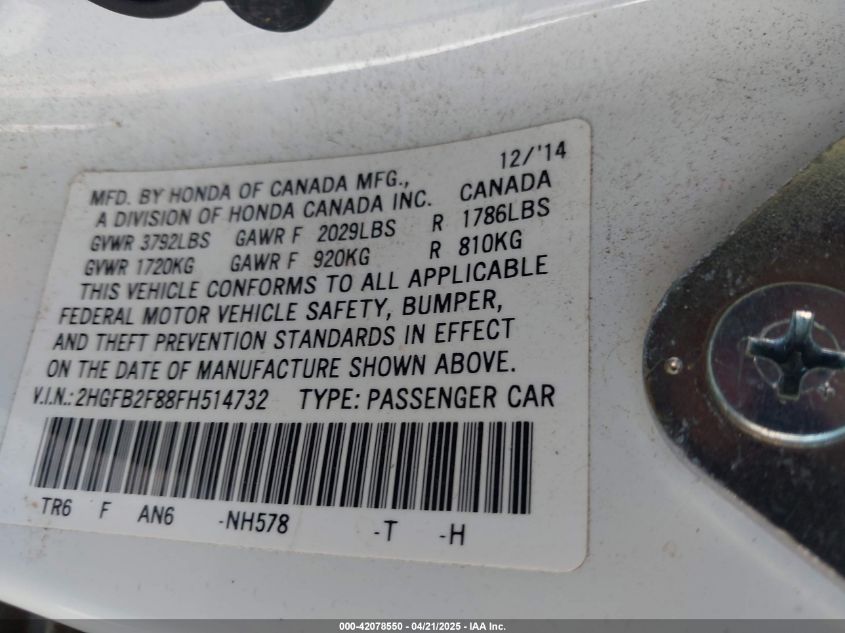 2015 Honda Civic VIN: 28GSV2F88F8514732 Lot: 42078550