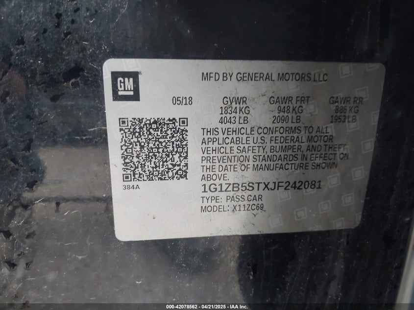 2018 CHEVROLET MALIBU VIN: 1G1ZB5STXJF242081