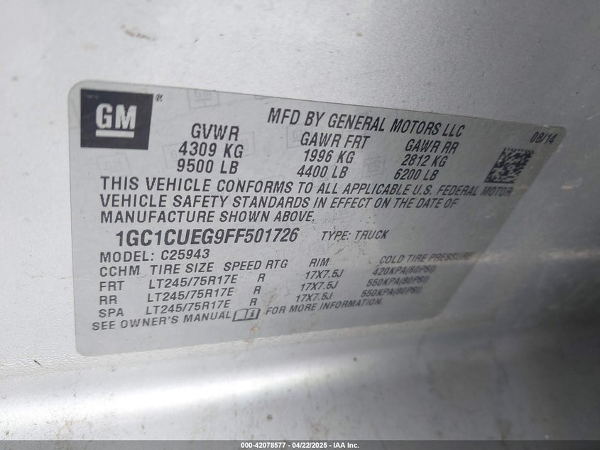 2015 CHEVROLET SILVERADO 2500HD VIN: 1GC1CUEG9FF501726